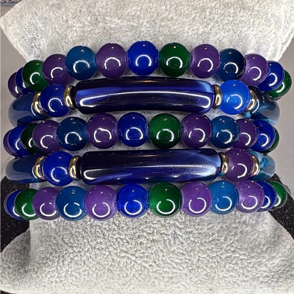 Multicolor Blue, Purple & Green 5 stacked Beaded Stretch Bracelet Set